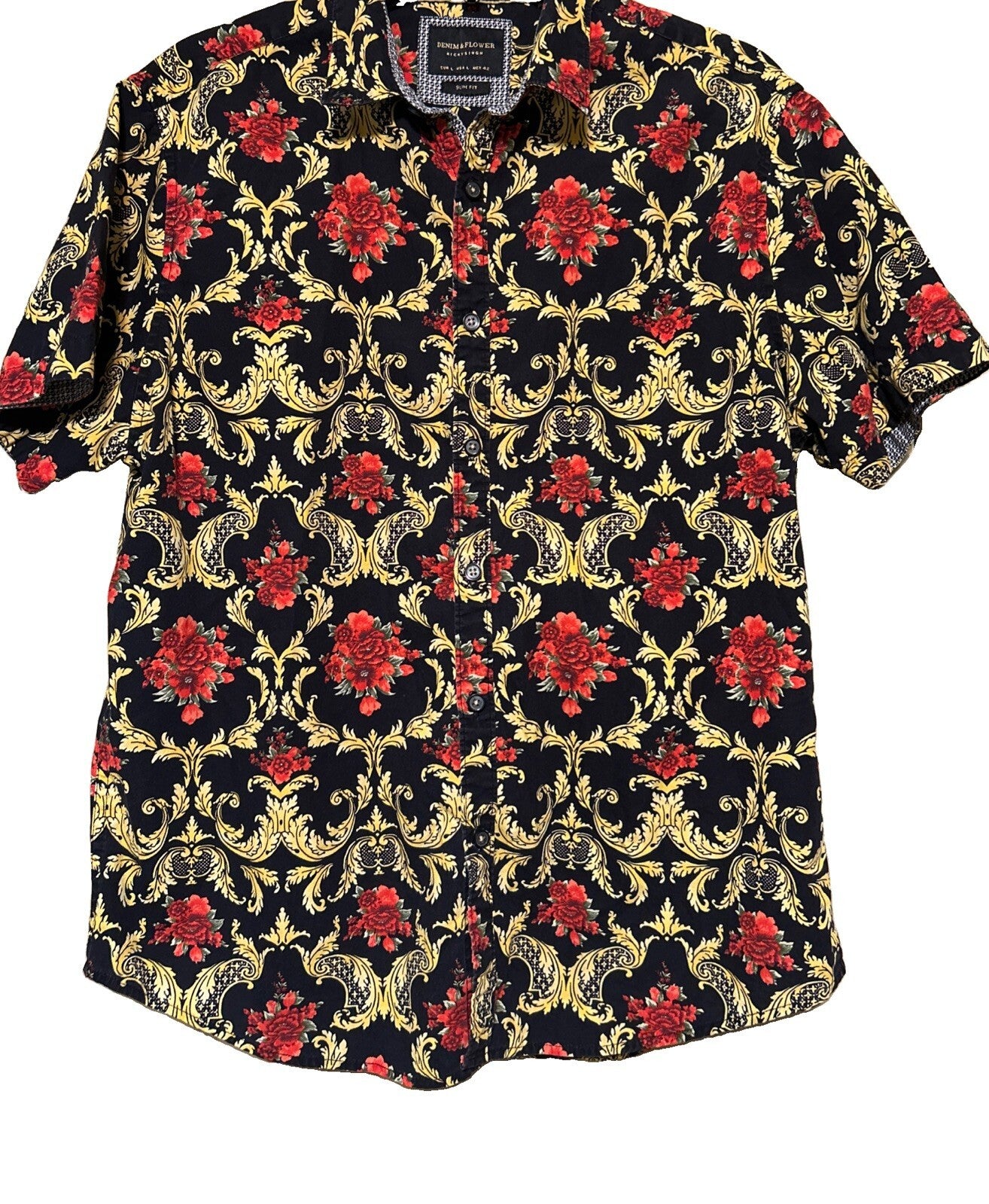 Denim & Flower Ricky Singh Large Black Red Floral Baroque Button Shirt Men’s
