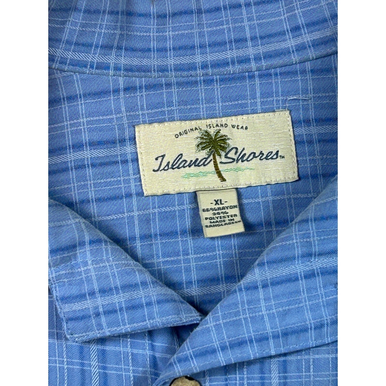 Island Shores Mens XL Blue Plaid Short Sleeve Button Down Camp Shirt Rayon Blend