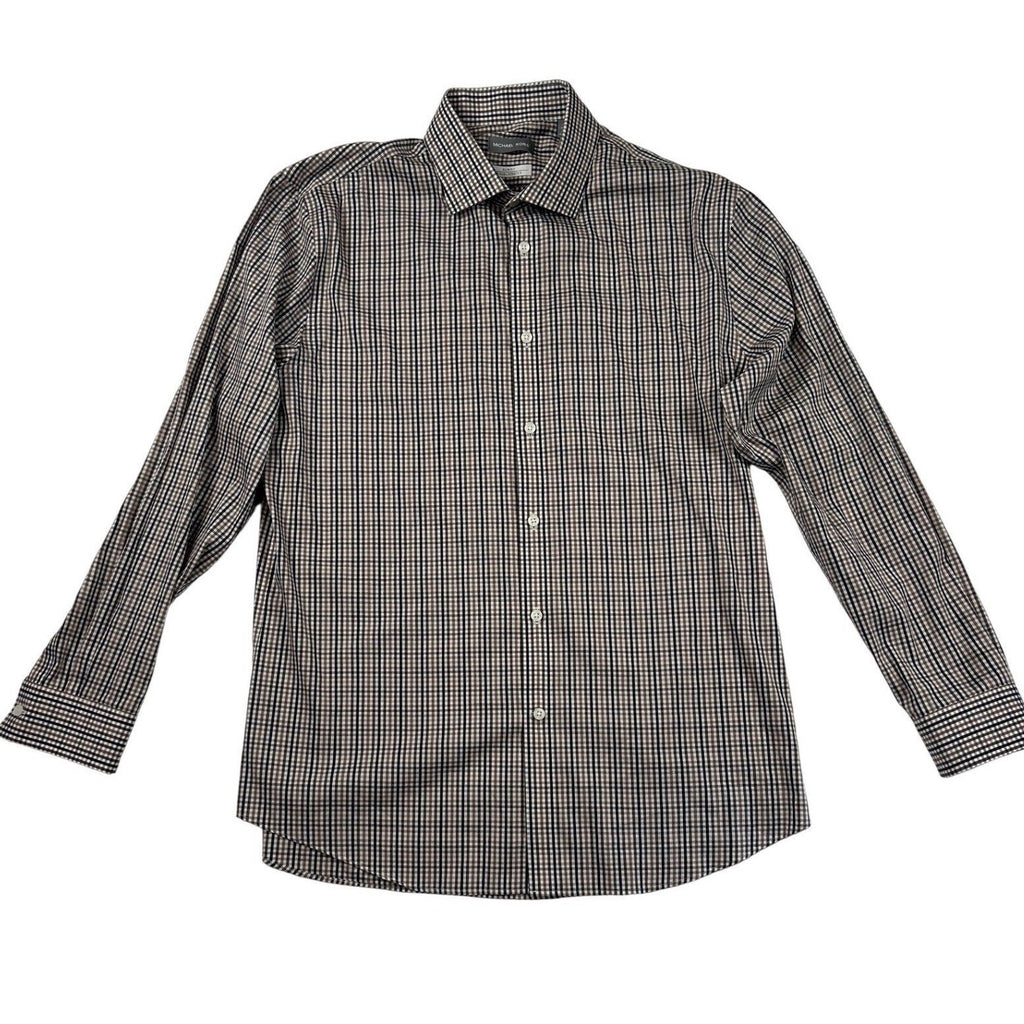 Michael Kors Mens Slim Fit Travel Stretch Dress Shirt Brown Black Check 16.5 Lg