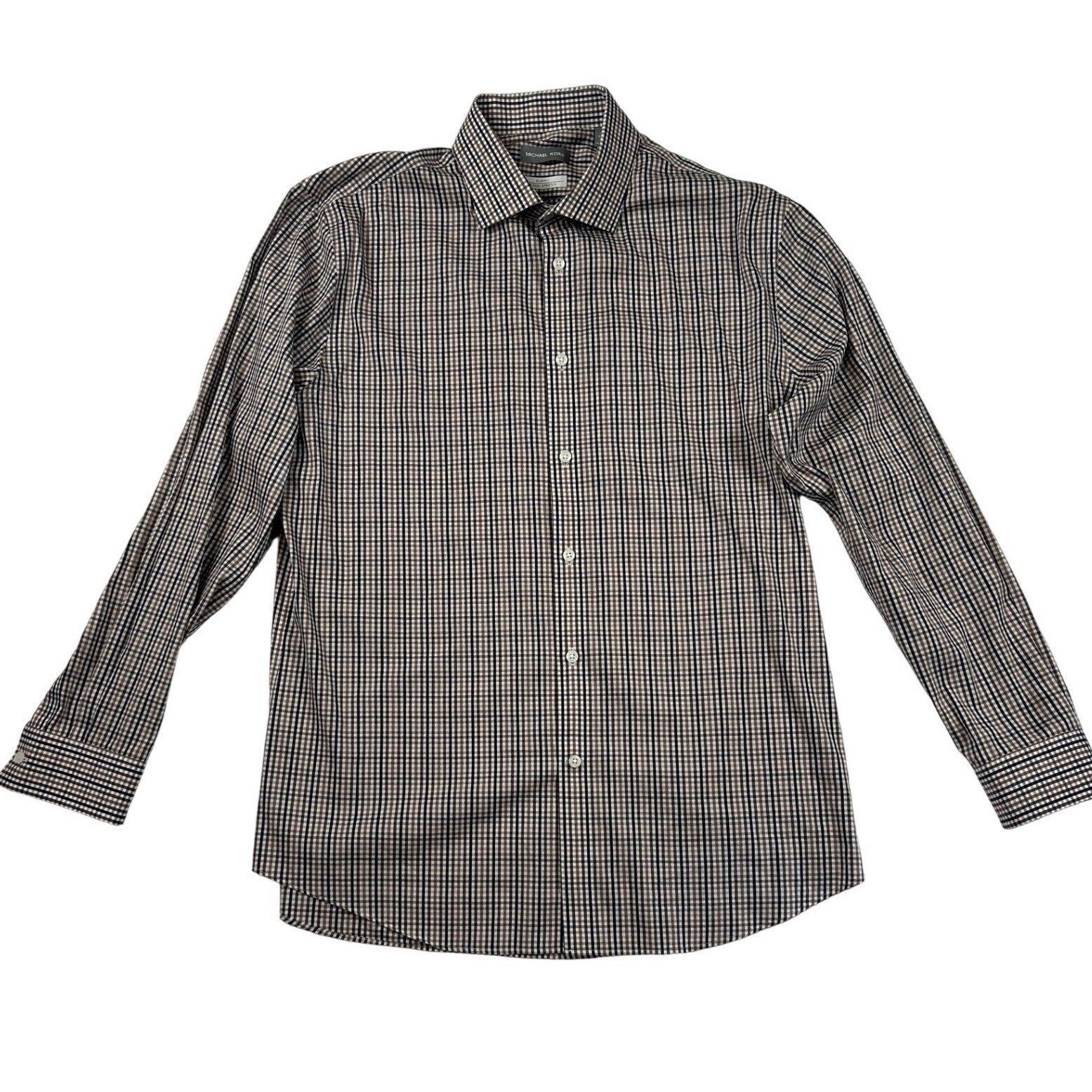 Michael Kors Mens Slim Fit Travel Stretch Dress Shirt Brown Black Check 16.5 Lg
