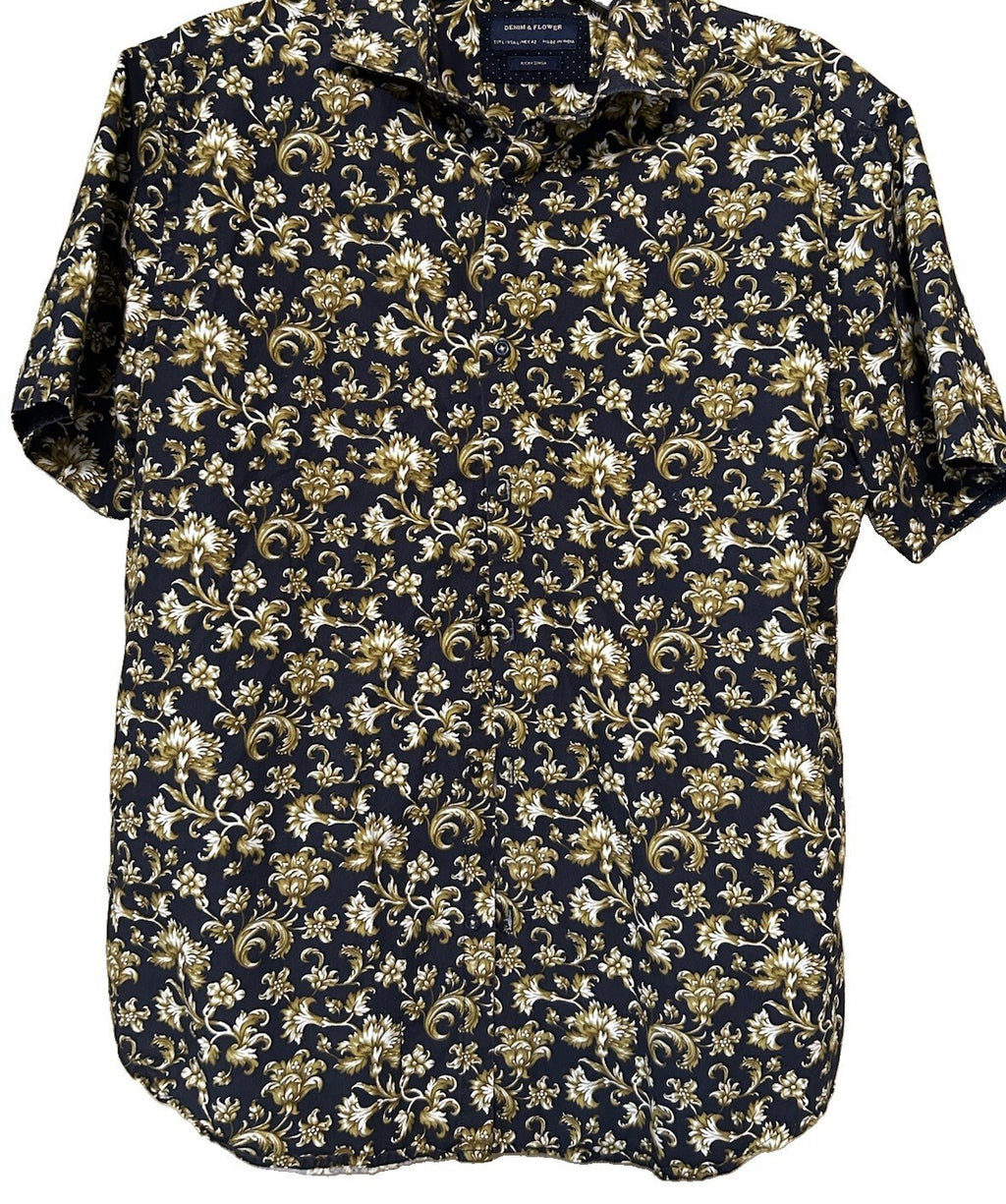 Denim & Flower Ricky Singh Mens Large Short Sleeve Button Front Shirt Blue Gold