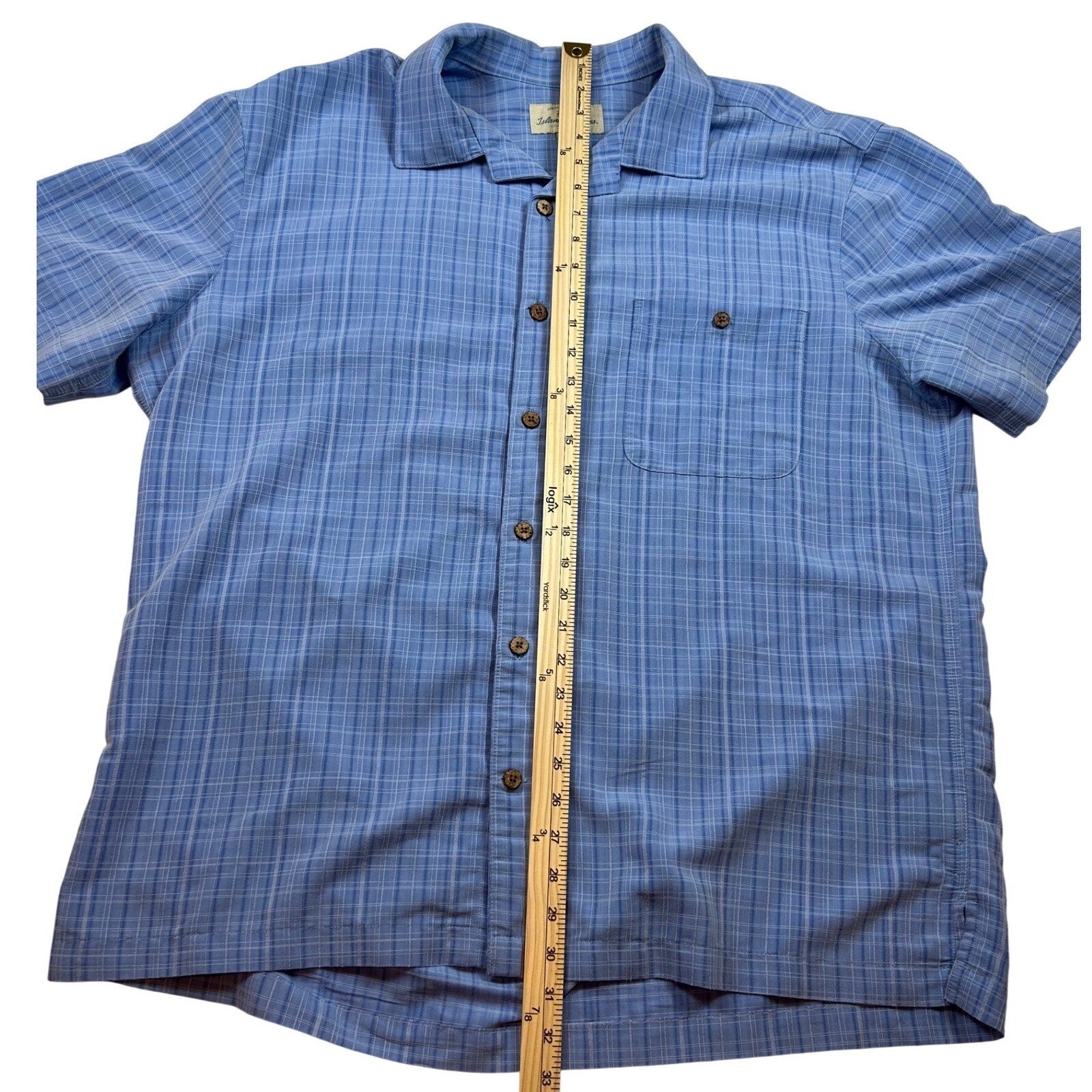 Island Shores Mens XL Blue Plaid Short Sleeve Button Down Camp Shirt Rayon Blend
