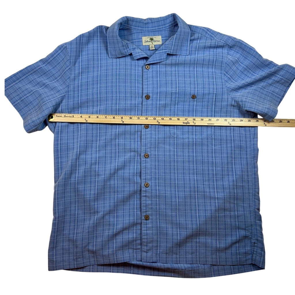 Island Shores Mens XL Blue Plaid Short Sleeve Button Down Camp Shirt Rayon Blend
