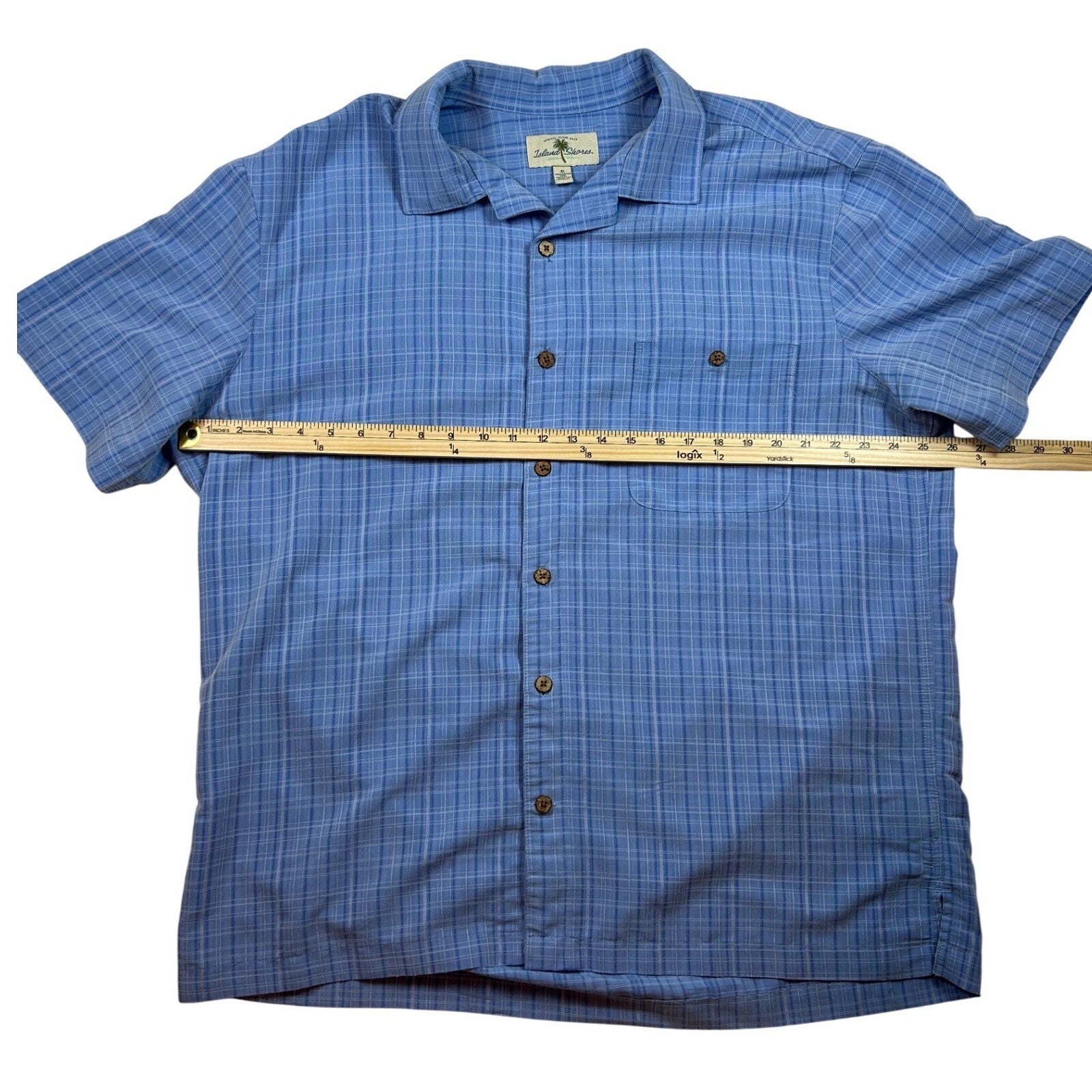 Island Shores Mens XL Blue Plaid Short Sleeve Button Down Camp Shirt Rayon Blend