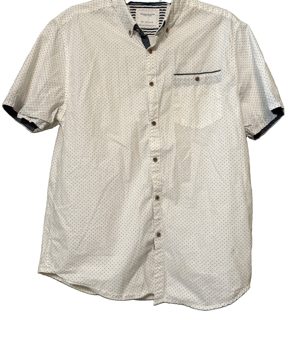 Denim & Flower Ricky Singh Mens Large White Navy Polka Dot Button Up