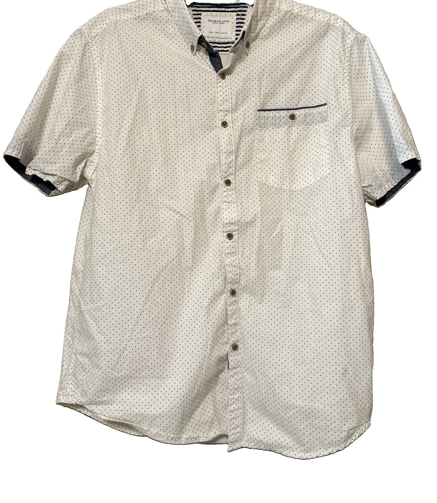 Denim & Flower Ricky Singh Mens Large White Navy Polka Dot Button Up
