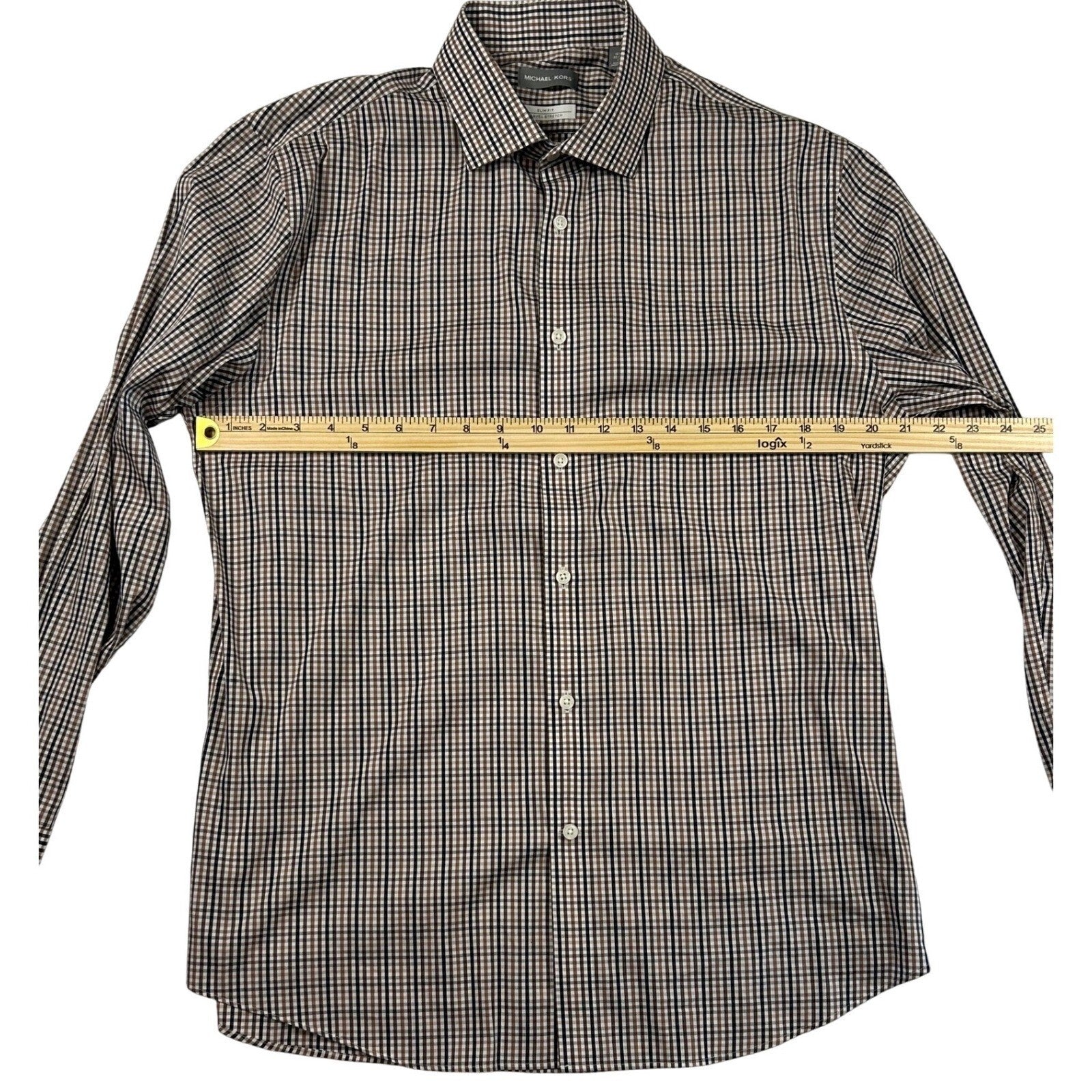 Michael Kors Mens Slim Fit Travel Stretch Dress Shirt Brown Black Check 16.5 Lg