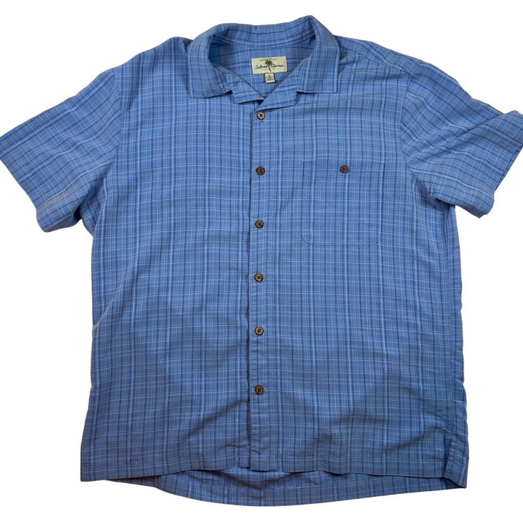 Island Shores Mens XL Blue Plaid Short Sleeve Button Down Camp Shirt Rayon Blend