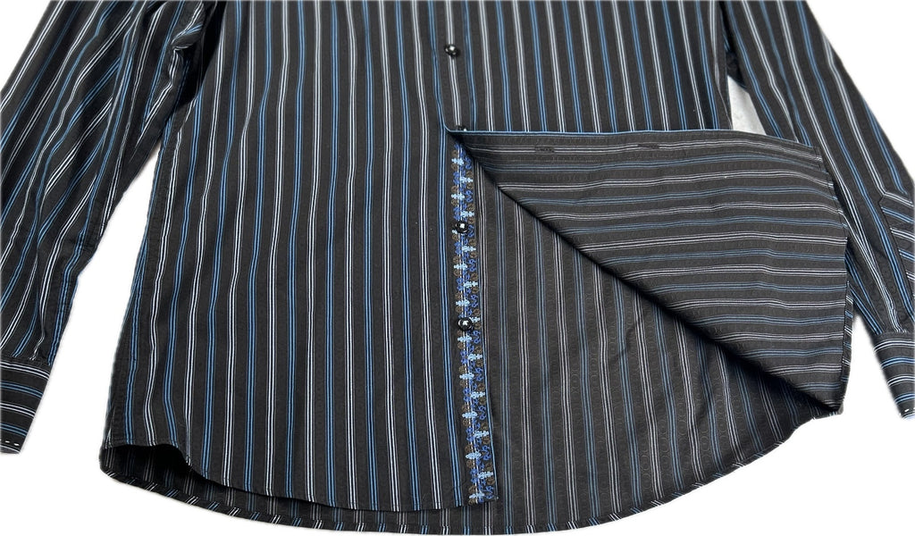 Zagiri Men's Long Sleeve Button-Up Shirt Large Black and Blue Striped