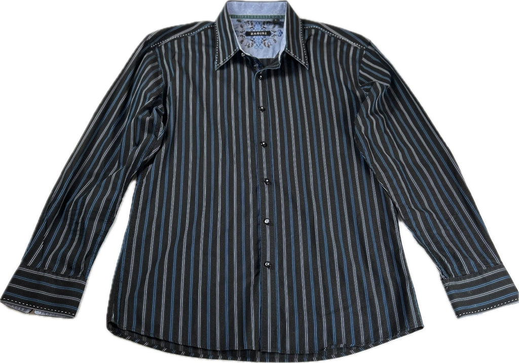 Zagiri Men's Long Sleeve Button-Up Shirt Large Black and Blue Striped