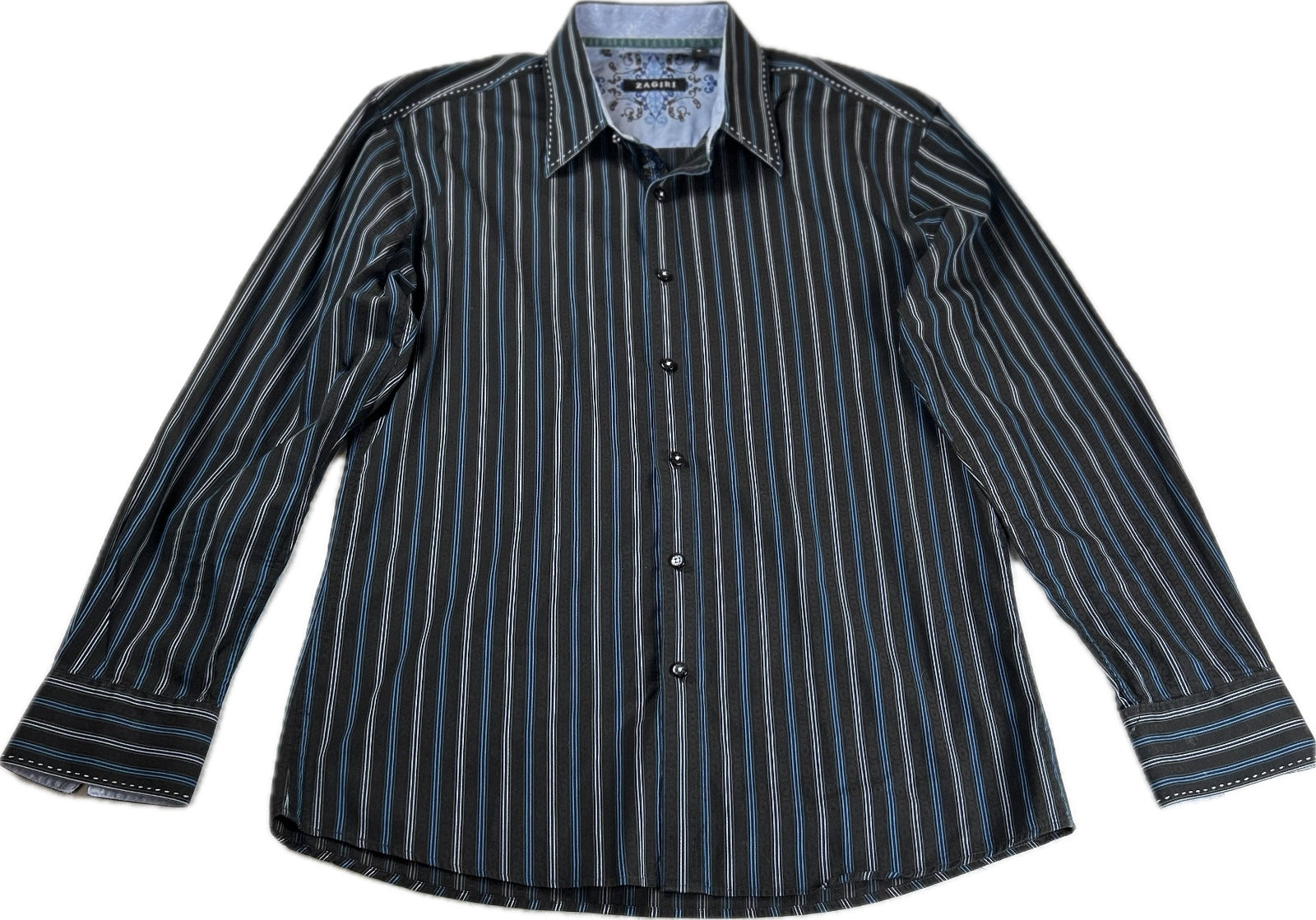 Zagiri Men's Long Sleeve Button-Up Shirt Large Black and Blue Striped