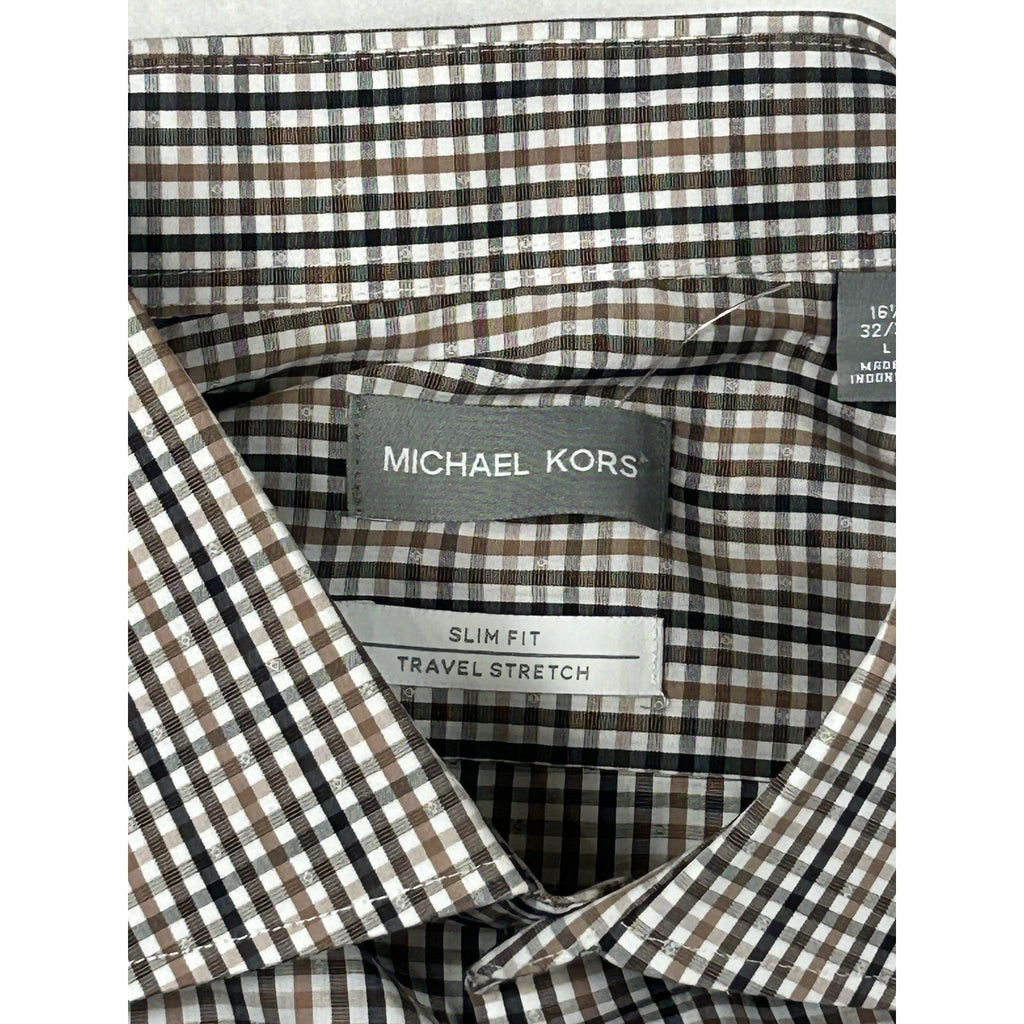 Michael Kors Mens Slim Fit Travel Stretch Dress Shirt Brown Black Check 16.5 Lg