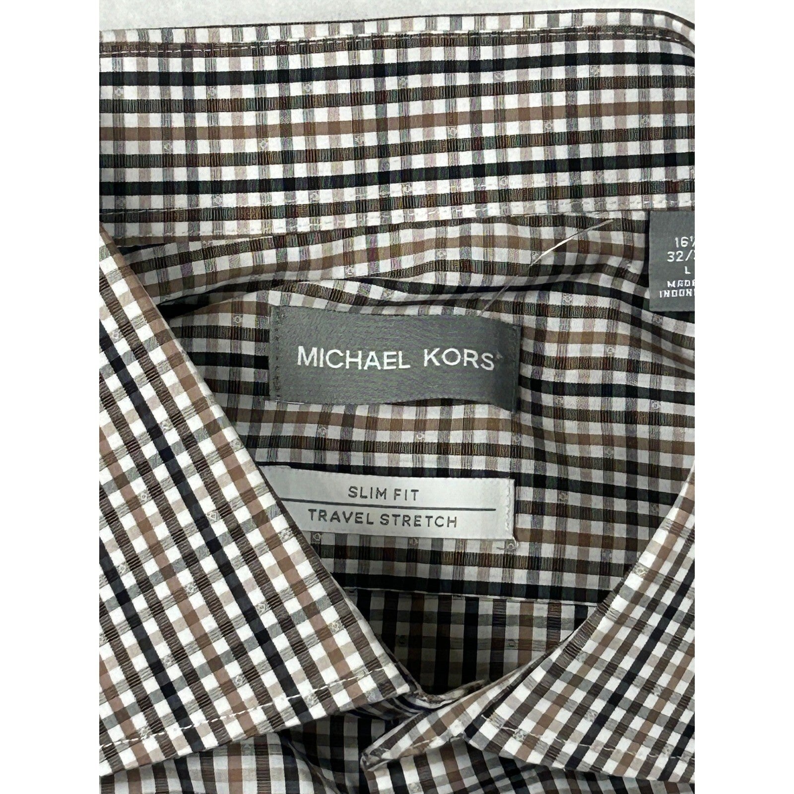 Michael Kors Mens Slim Fit Travel Stretch Dress Shirt Brown Black Check 16.5 Lg